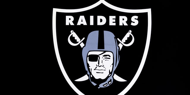 The Las Vegas Raiders logo at the Super Bowl Experience on February 8, 2022 at the Los Angeles Convention Center in Los Angeles.