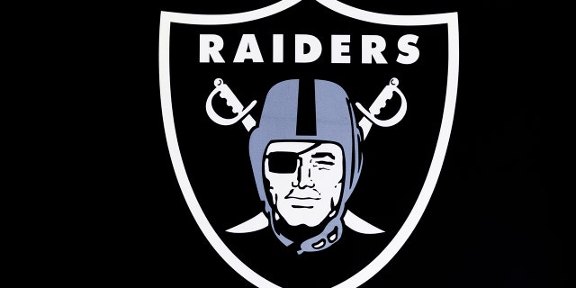 The Las Vegas Raiders logo at the Super Bowl Experience on February 8, 2022 at the Los Angeles Convention Center in Los Angeles.