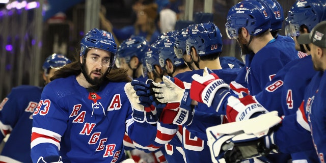 Mika Zibanejad #93 of the New York Rangers scores at 4:09 of the first period against the Washington Capitals at Madison Square Garden on March 14, 2023 in New York City.