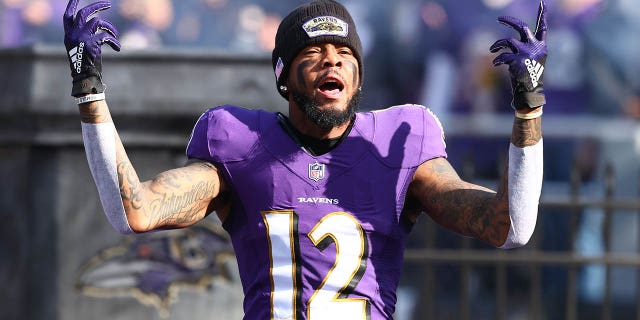 Rashod Bateman, #12 of the Baltimore Ravens, reacts during the game against the Minnesota Vikings at M&T Bank Stadium on Nov. 7, 2021 in Baltimore.