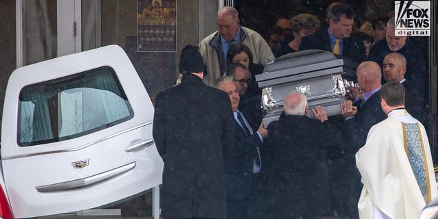 Loved ones of Rebecca Bliefnick attend her funeral at St. Peter Church in Quincy, Illinois on Friday, March 3, 2023. Rebecca Bliefnick was found shot to death in her home in February.