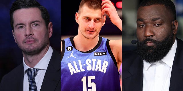 JJ Redick, Nikola Jokic and Kendrick Perkins in a split photo.