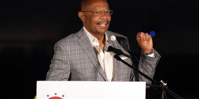 Assembly member Reggie Jones-Sawyer of California's 59th Assembly District speaking during the Los Angeles County Democratic Party election night drive-in watch party at the LA Zoo parking lot on Tuesday, Nov. 3, 2020. 