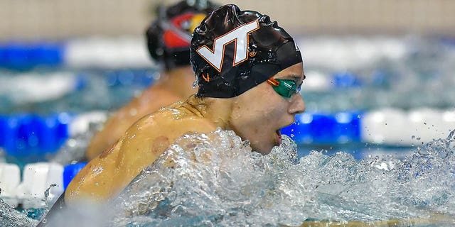 Virginia Tech swimmer Reka Gyorgy swims the 400 individual medley consolation finals during the NCAA Swimming and Diving Championships on March 18, 2022 at the McAuley Aquatic Center in Atlanta.