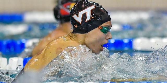 La nadadora de Virginia Tech, Reka Gyorgy, nada la final de consolación de la combinación individual de 400 durante los Campeonatos de Natación y Buceo de la NCAA el 18 de marzo de 2022 en el Centro Acuático McAuley en Atlanta.