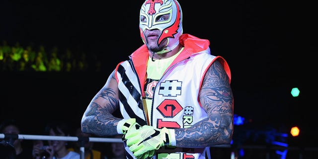 Rey Mysterio Jr. appears in the ring prior to the 6-man tag match during the New Japan Pro-Wrestling G1 Climax 28 at Nippon Budokan on Aug. 12, 2018 in Tokyo.