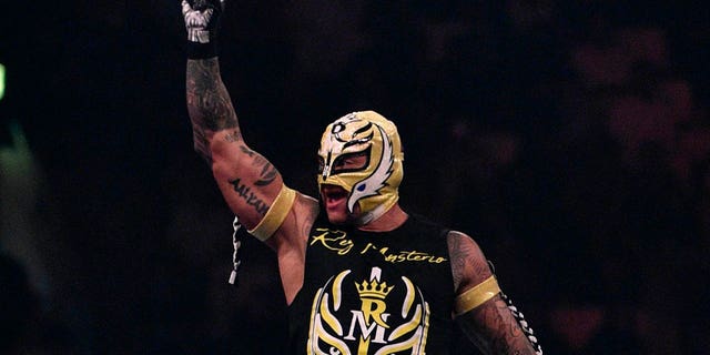Rey Mysterio greets the crowd during the WWE World Cup Quarterfinal match as part of as part of the World Wrestling Entertainment Crown Jewel pay-per-view at the King Saud University Stadium in Riyadh on Nov. 2, 2018.