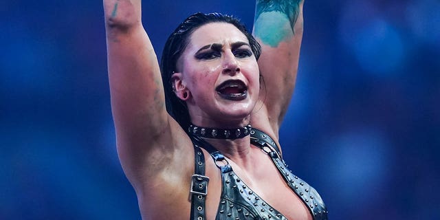 Rhea Ripley reacts after winning the WWE Royal Rumble at the Alamodome on January 28, 2023 in San Antonio.