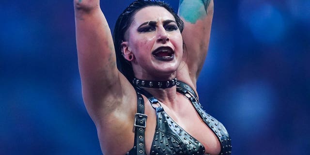 Rhea Ripley reacts after winning the WWE Royal Rumble at the Alamodome on Jan. 28, 2023 in San Antonio.