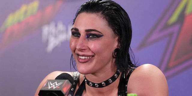 Rhea Ripley speaks to members of the media during a press conference following the WWE Royal Rumble at the Alamodome in San Antonio on January 28, 2023.