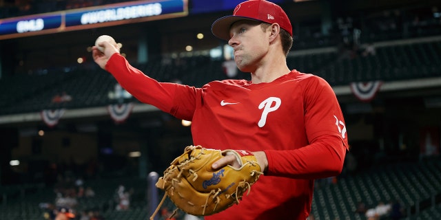 Rhys Hoskins of the Philadelphia Phillies warms up during batting practice ahead of Game 6 of the 2022 World Series against the Houston Astros at Minute Maid Park in Houston on November 5, 2022.