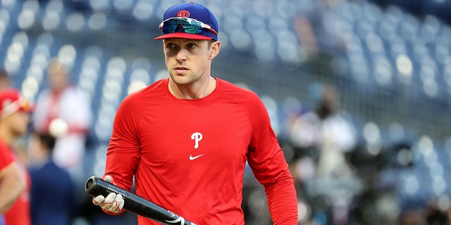 Rhys Hoskins of the Philadelphia Phillies during batting practice before the start of Game 3 of the 2022 World Series at Citizens Bank Park on November 1, 2022 in Philadelphia.