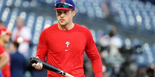 Rhys Hoskins of the Philadelphia Phillies during batting practice before the start of Game 3 of the 2022 World Series at Citizens Bank Park in Philadelphia on November 1, 2022.
