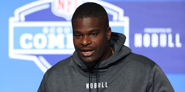 Offensive lineman Richard Gouraige of Florida speaks to the media during the NFL Combine at Lucas Oil Stadium on March 4, 2023 in Indianapolis, Indiana.