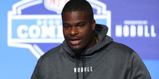 Offensive lineman Richard Gouraige of Florida speaks to the media during the NFL Combine at Lucas Oil Stadium on March 4, 2023 in Indianapolis, Indiana.