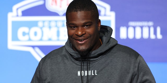 Offensive lineman Richard Gouraige of Florida speaks to the media during the NFL Combine at Lucas Oil Stadium on March 4, 2023 in Indianapolis, Indiana.