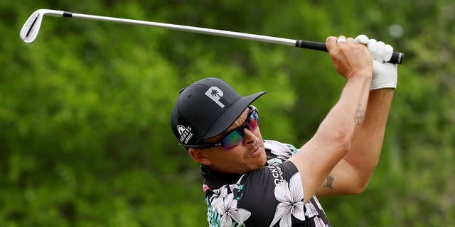 Rickie Fowler of the United States plays his shot from the 17th tee during the World Golf Championships-Dell Technologies Match Play at Austin Country Club March 22, 2023, in Austin, Texas.