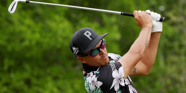 Rickie Fowler of the United States plays his shot from the 17th tee during the World Golf Championships-Dell Technologies Match Play at Austin Country Club March 22, 2023, in Austin, Texas.