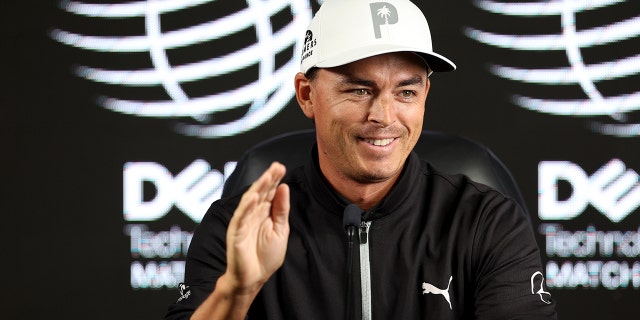 Rickie Fowler of the United States talks with the media during a press conference ahead of the World Golf Championships-Dell Technologies Match Play at Austin Country Club March 21, 2023, in Austin, Texas.