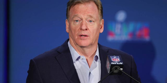 NFL Commissioner Roger Goodell speaks during the Super Bowl LVII host committee trade press conference at the Phoenix Convention Center on February 13, 2023 in Phoenix.