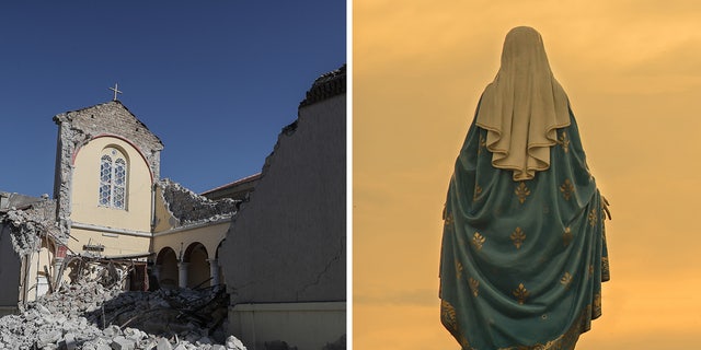 Above left, the Roman Catholic Church of Annunciation (Cathedral of the Annunciation) located in Iskenderun, Turkey, where an earthquake demolished the building. Surviving the quake was a Virgin Mary statue (not pictured). The actual statue is still standing despite the devastation.