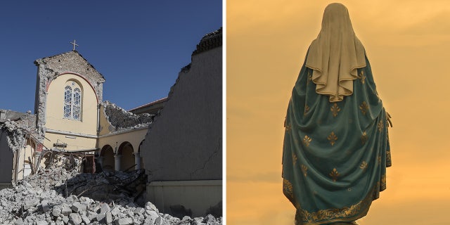 Above left, the Roman Catholic Church of Annunciation (Cathedral of the Annunciation) located in Iskenderun, Turkey, where an earthquake demolished the building. Surviving the quake was a Virgin Mary statue (not pictured). The actual statue is still standing despite the devastation.