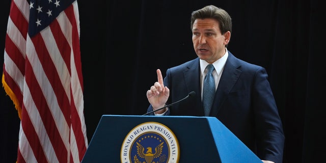 Republican Florida Gov. Ron DeSantis speaks at the Ronald Reagan Presidential Library in Simi Valley, California, on March 5, 2023.