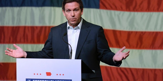 Florida Gov.  Ron DeSantis speaks at a campaign event Friday, March 10, 2023, in Davenport, Iowa.