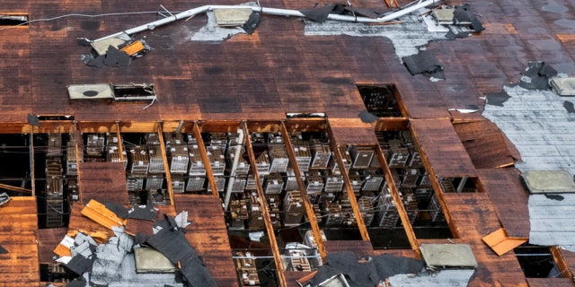 Damage to a building is seen on Wednesday, March 22, 2023, in Montebello, California, after a possible tornado.