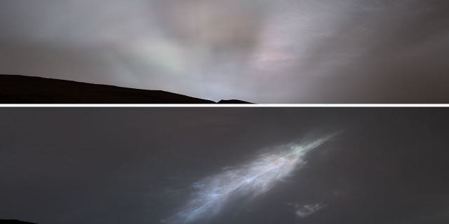 Penjelajah Mars Curiosity mengirimkan kembali gambar awan berwarna, dengan gambar atas termasuk sinar matahari dan bagian bawah termasuk awan berwarna-warni berbentuk bulu.