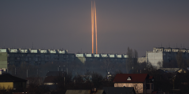 Three rockets launched against Ukraine from Russia's Belgorod region are seen in Kharkiv, Ukraine, on March 9.