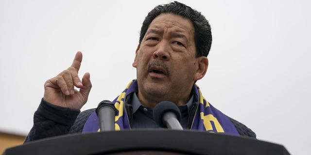 Bruce Harrell, mayor of Seattle, speaks during a news conference in Seattle, Washington, on April 18, 2022. Harrell signed a law that gives most gig workers in the city paid sick leave.