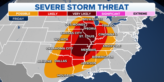 The threat of severe storms in the central and southern U.S. on Friday