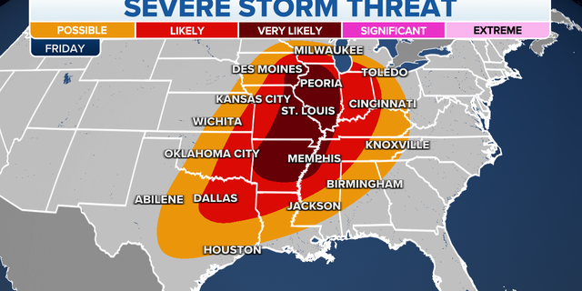 The threat of severe storms in the central and southern U.S. on Friday