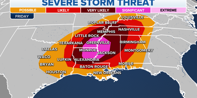 A severe storm threat on Friday in the Plains, Ohio and Mississippi Valleys