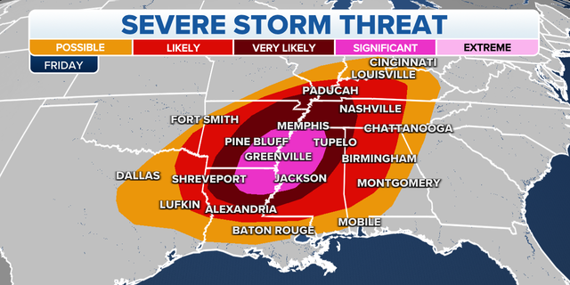 The threat of severe storms in the southern U.S. on Friday