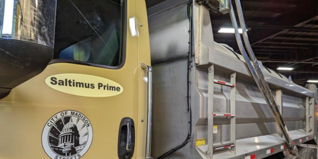 The City of Madison's quad axle brine truck has been named "Saltimus Prime."