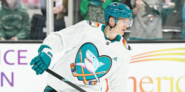 Oskar Lindblom #23 of the San Jose Sharks skates during warmups wearing special Pride Night jerseys.