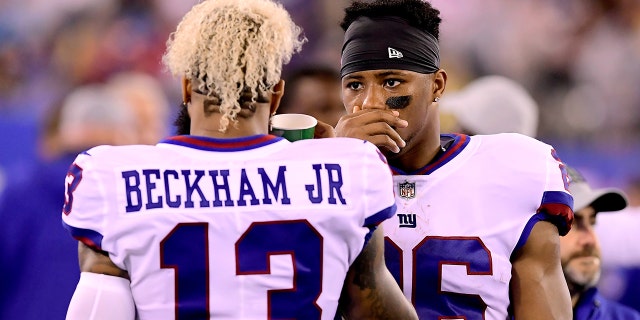 Odell Beckham and Saquon Barkley of the New York Giants during the Philadelphia Eagles game at MetLife Stadium on Oct. 11, 2018, in East Rutherford, New Jersey.