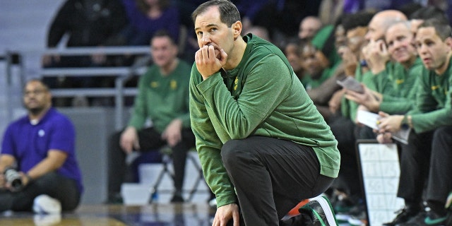 Baylor Bears head coach Scott Drew looks down during the game against the Kansas State Wildcats at Bramlage Coliseum on February 21, 2023 in Manhattan, Kansas.