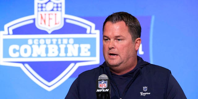 Carolina Panthers general manager Scott Fitterer speaks to the media during the NFL Combine at Lucas Oil Stadium on March 1, 2023 in Indianapolis.