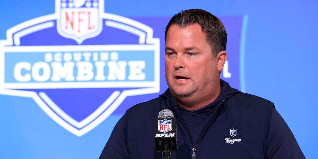 Carolina Panthers general manager Scott Fitterer speaks to the media during the NFL Combine at Lucas Oil Stadium on March 1, 2023 in Indianapolis.