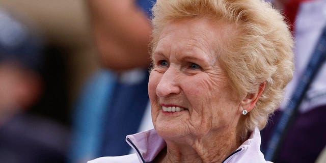 Mary DeLorenzo, maternal grandmother of Scottie Scheffler, smiles as her grandson is honored during the trophy ceremony following the final round of THE PLAYERS Championship at THE PLAYERS Stadium Course at TPC Sawgrass on March 12, 2023 in Ponte Vedra Beach, Florida.