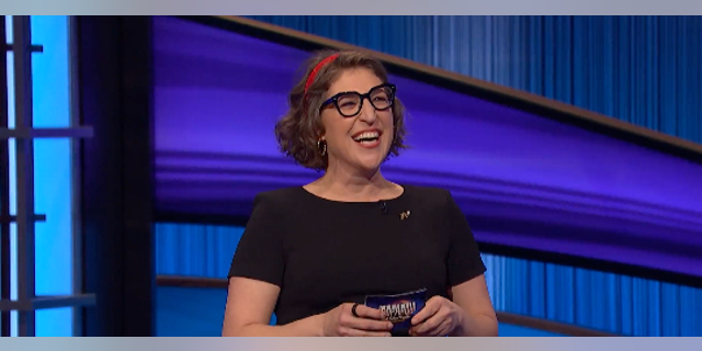 Mayim Bialik laughed bashfully on "Jeopardy!" after a contestant revealed she was his celebrity crush.