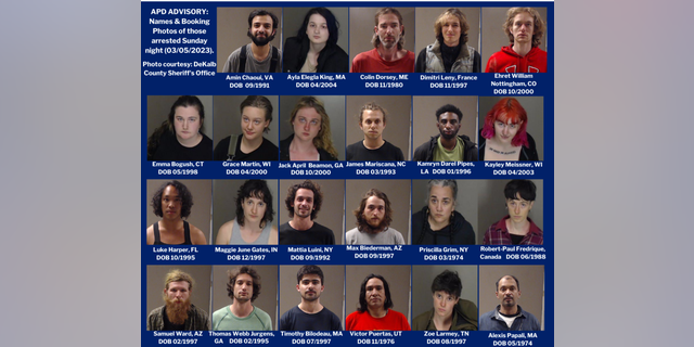 Booking photos for those arrested by police in connection with the "Cop City" attack on Sunday.