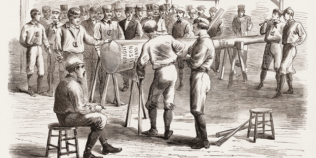 Wood engraving from Harper's Weekly magazine depicts 'Presentation of a Champion Bat to the Red Stocking Base-Ball Club ... on Its Return Home,' Cincinnati, Ohio, 1869. The team finished the regular season with a perfect record of 57-0. 