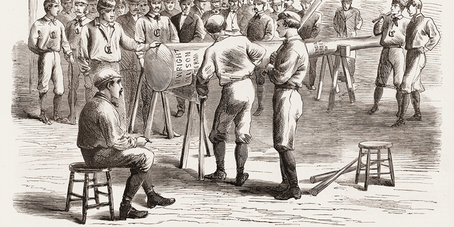 Wood engraving from Harper's Weekly magazine depicts 'Presentation of a Champion Bat to the Red Stocking Base-Ball Club ... on Its Return Home,' Cincinnati, Ohio, 1869. The team finished the regular season with a perfect record of 57-0.