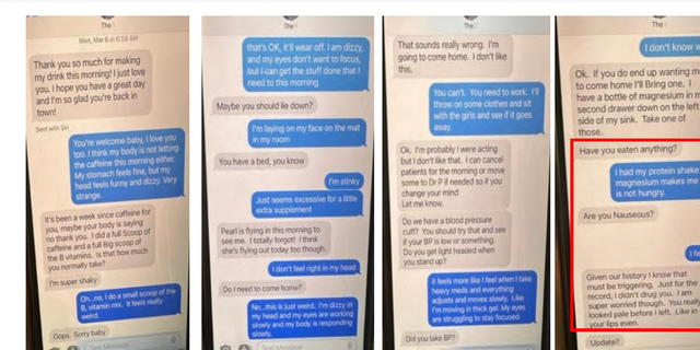 A text message exchange between Angela Craig and her husband, James Craig, who is charged with her murder. On March 6, when she first became ill, he implied he'd drugged her before. Angela Craig's messages are in blue.