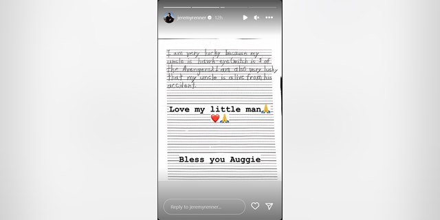 Jeremy Renner shared a photo of a handwritten note from his nephew on Instagram on March 15, 2023.