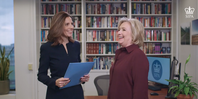 Hillary Clinton appearing in video announcing her new class at Columbia. 